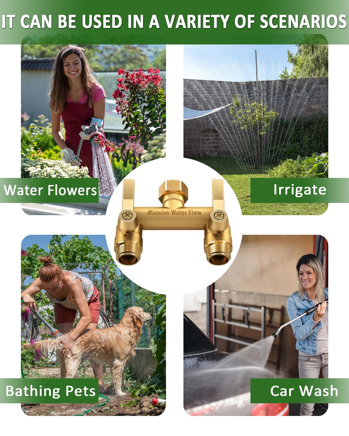 Hose Splitter 2 Way Heavy Duty, Solid Brass Full Flow Outdoor Faucet and Garden Hose Splitters, Water Spigot Splitter T Adapter, All Metal Water Connector with Shut-Off Valve, 3/4 - Inch GHT Thread