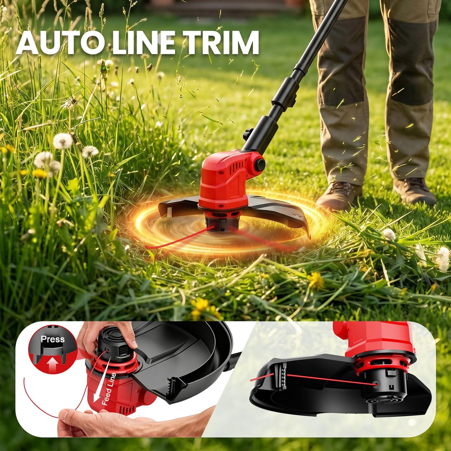 14" Weed Wacker 21V Cordless String Trimmer & Edger, Battery Powered Grass Trimmer with Auto Line Feed, 8 Replacement Spools & 2×3.0Ah Batteries Included