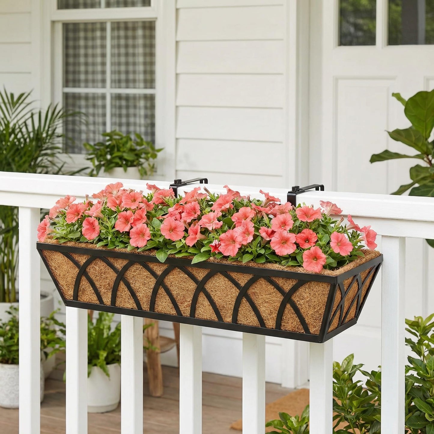 Y&M 4pcs 24 Inch Planter, Metal Window Boxes with Coco Liner, Indoor Outdoor Hanging Flower Planter for Garden, Lawn, Balcony, Porch, Fence, Patio Rail