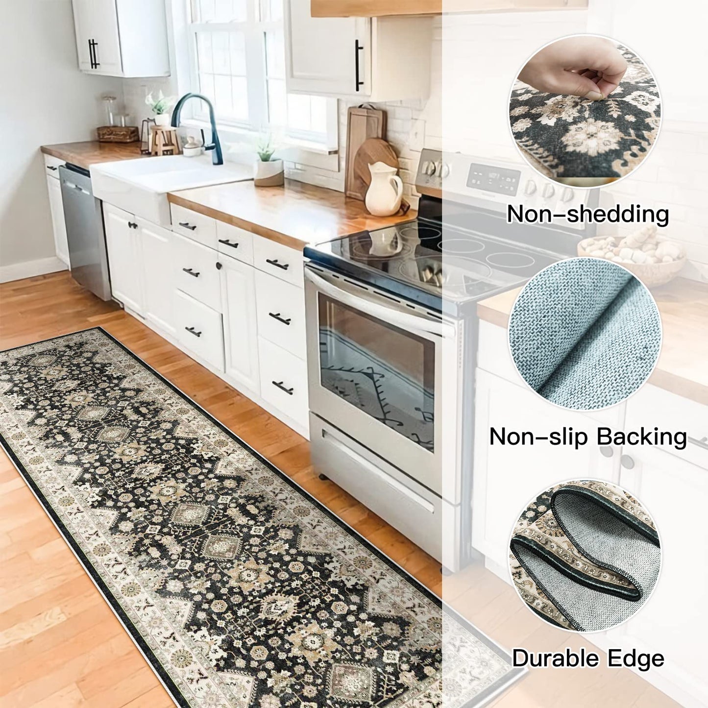 Washable Hallway Runner Rug 2x10: Non Slip Runner Rugs with Rubber Backing Soft Kitchen Rug Farmhouse Distressed Carpet for Living Room Bedroom Bathroom (Black, 2X10)