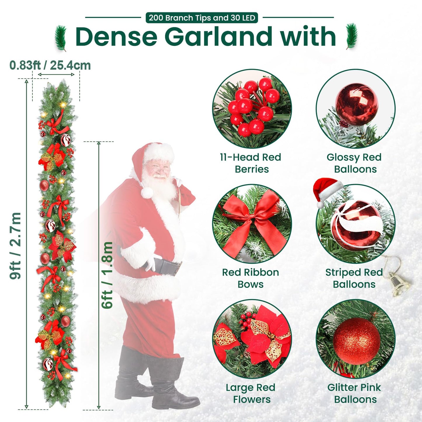 Christmas Garland with Lights, 9ft Battery Operated LED Garland with Timer, 30 Warm White LEDs, Waterproof Christmas Decorations for Indoor Outdoor Mantel, Stairs, Doorway, Window, Porch, Home