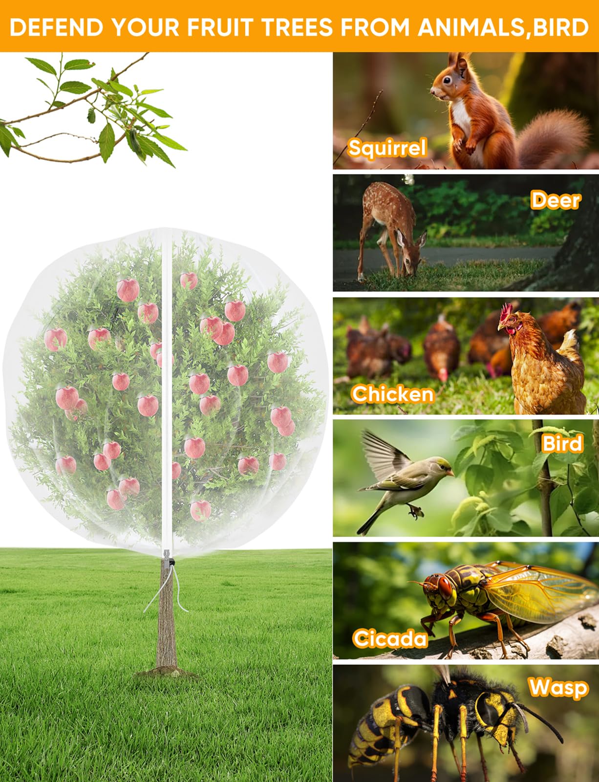 VITI Fruit Tree Netting for Cicadas - with 2Pcs 6Ftx5.3Ft Zipper&Drawstring Protection for Your Fruit Trees Garden Bird Netting Covers Blueberry Bush Tomato Bug Plant Protection Cherry Apple Tree