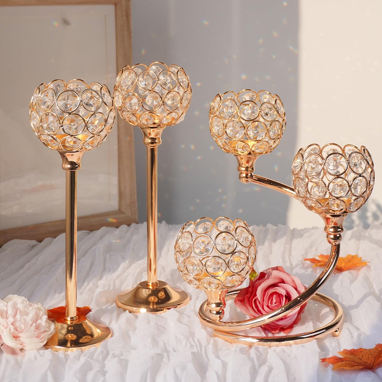 KEHAIL Gold Metal Crystal Candle Holder Set of 3 - Elegant 5-Arm Metal Tea Light Centerpiece with Shining Crystal Bowl, Wedding Anniversary Table Decor for Dining, Party