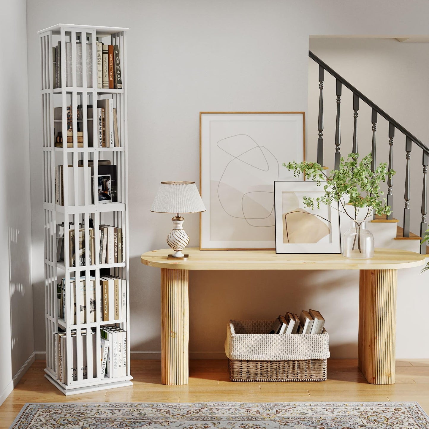 Raykion Rotating Bookshelf Tower, 6 Tier Bamboo Spinning Book Shelf, 360 Revolving Bookcase for Small Space Corner, Large Capacity Swivil Bookshelf for Living Room Bedroom Home Office, White