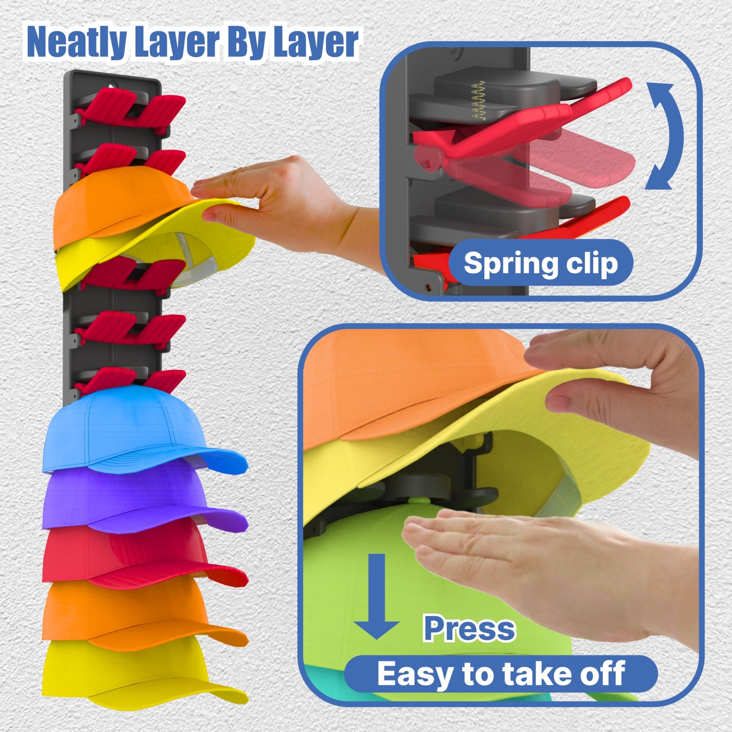 BRUBEQO Hat Organizer for Baseball Caps 2 Packs with Built Spring Clips - Wall Mount Closet Hat Rack Holder, Storage for Wall Door/Closet Display Hat Racks Hanger (Install by Adhesive & Screws)