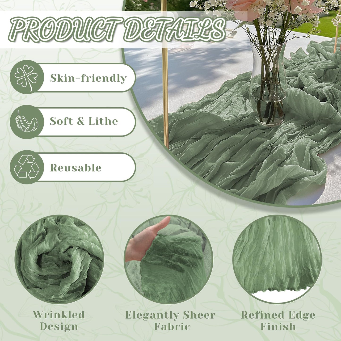 2 Pack Sage Green Cheesecloth Table Runner, 10Ft Boho Gauze Cheese Cloth Table Runners for Wedding, Party, Dinner, Baby Shower, 120 Inches Long Table Runner for St. Patrick's Day, Easter, Christmas