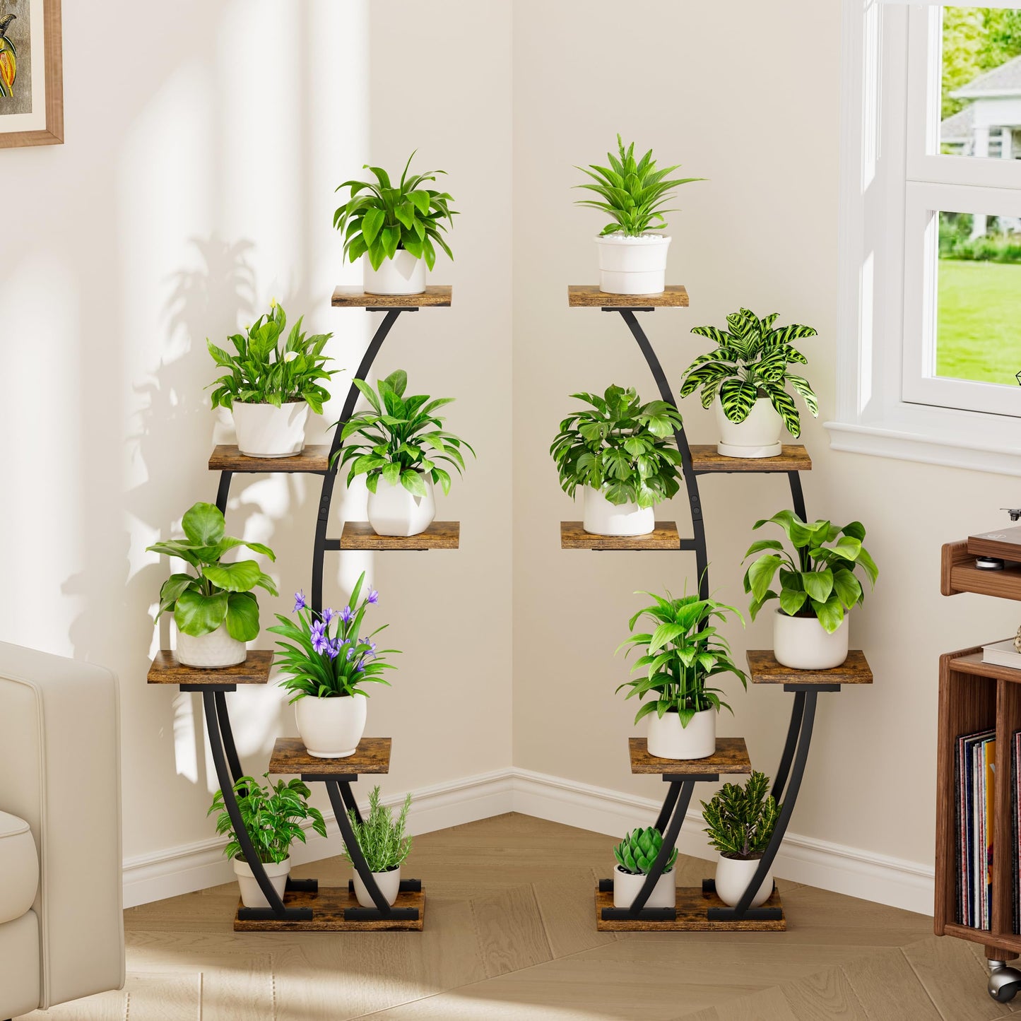 BACEKOLL Plant Stand Indoor with Grow Lights, Plant Shelf Indoor 2 Pack, Corner Plant Stands for Indoor Plants, 6 Tiered Plant Flower Display Shelf, Half-Moon Plant Rack for Home, Living Room, Black