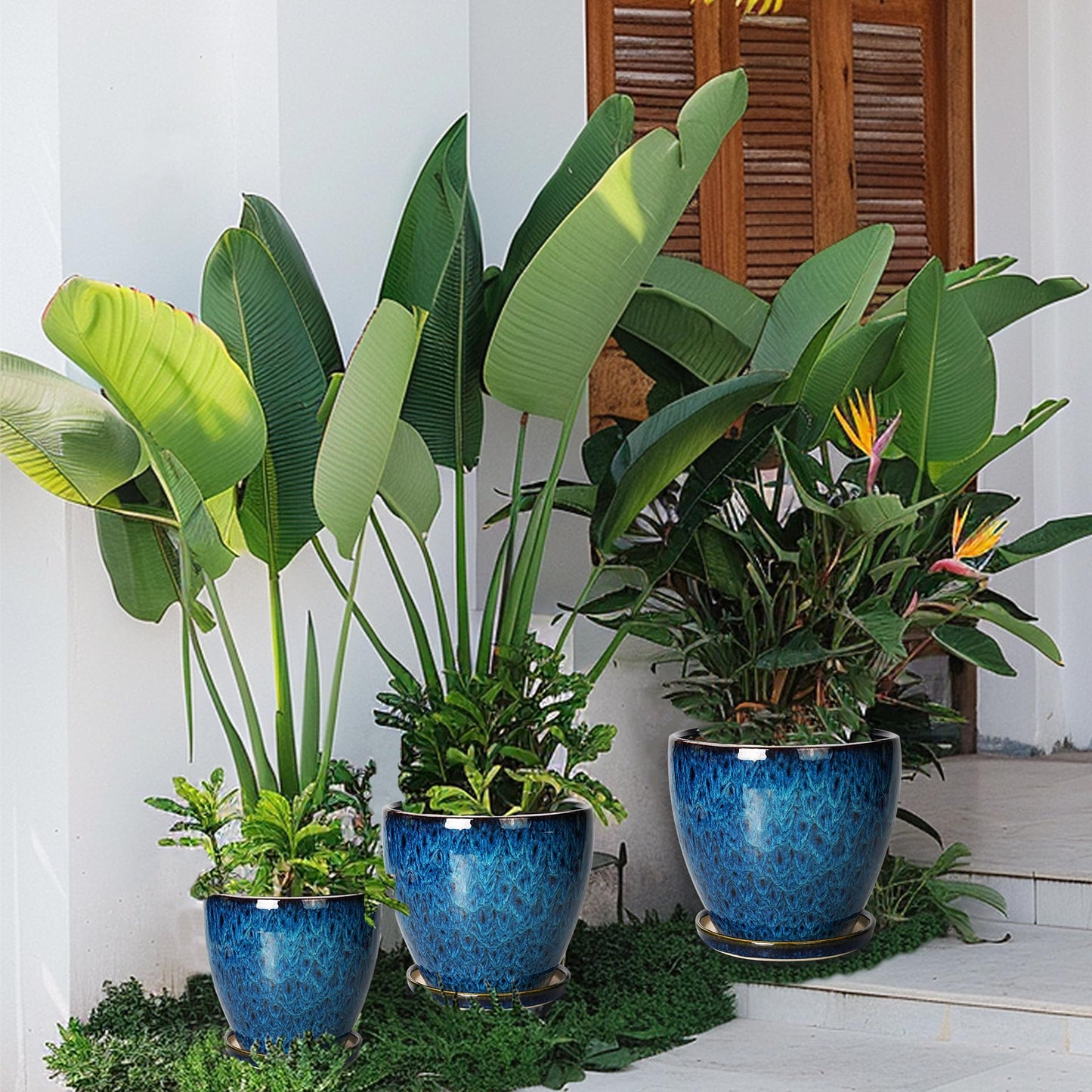 EPFamily Plant Pots Indoor, Ceramic Planters Pots with Drainage Holes and Saucers, 10+8+6 Inch, Set of 3, Round Large Flower Pots for Indoor Outdoor Plants, Blue