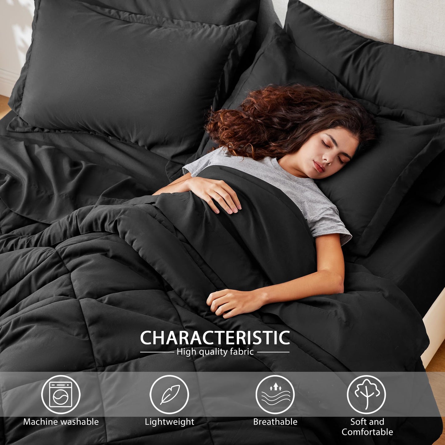 Love's cabin Full Comforter Set Black, 7 Pieces Full Bed in a Bag, All Season Bedding Sets with 1 Comforter, 1 Flat Sheet, 1 Fitted Sheet, 2 Pillowcase and 2 Pillow Sham