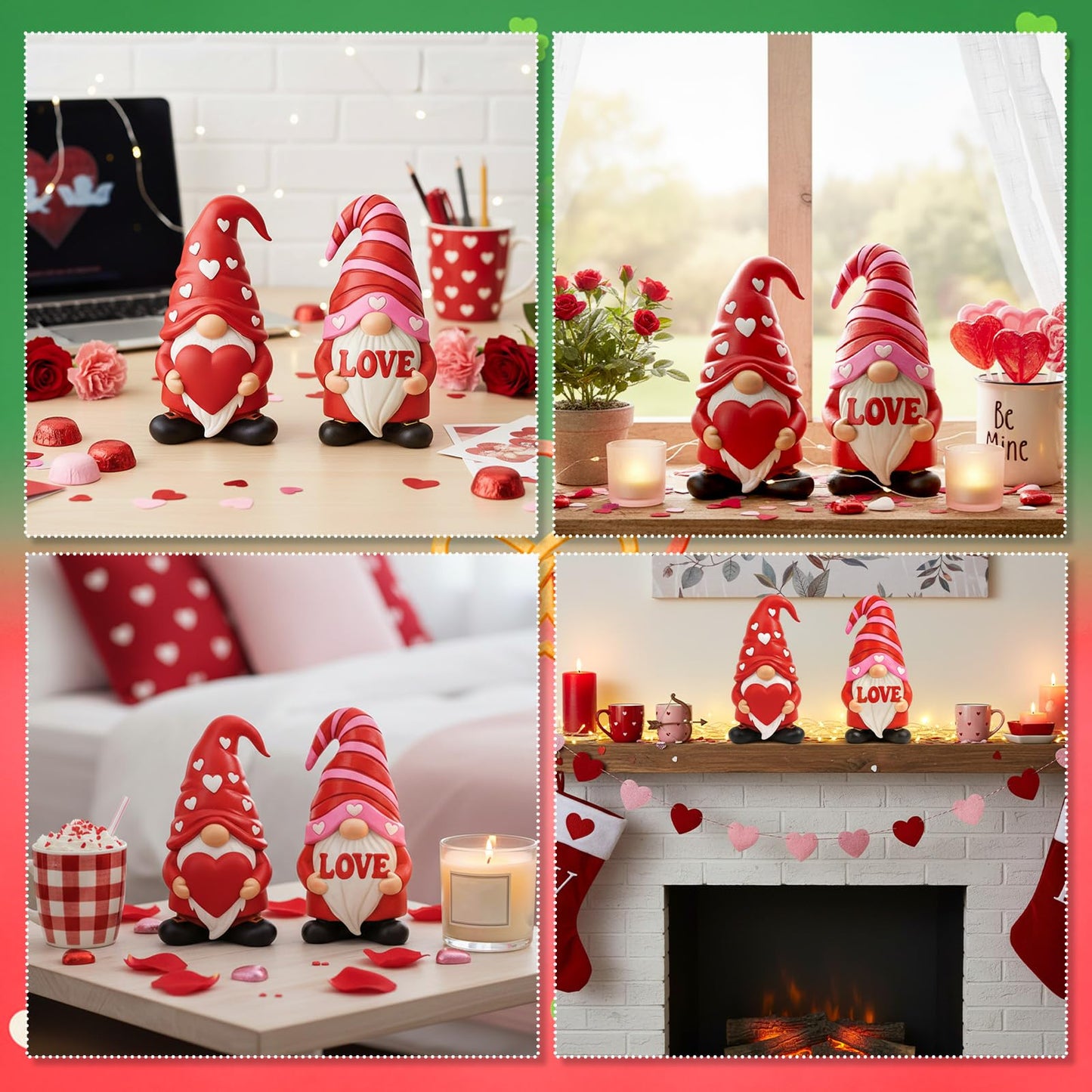 Simgoing 4 Pcs Holiday Gnomes Figurines 2 Valentines 2 St Patrick's Day Gnomes, Resin Love Heart Figurines Lucky Tabletop Decor Holiday Statues Centerpieces for Spring Home Table Tiered Tray