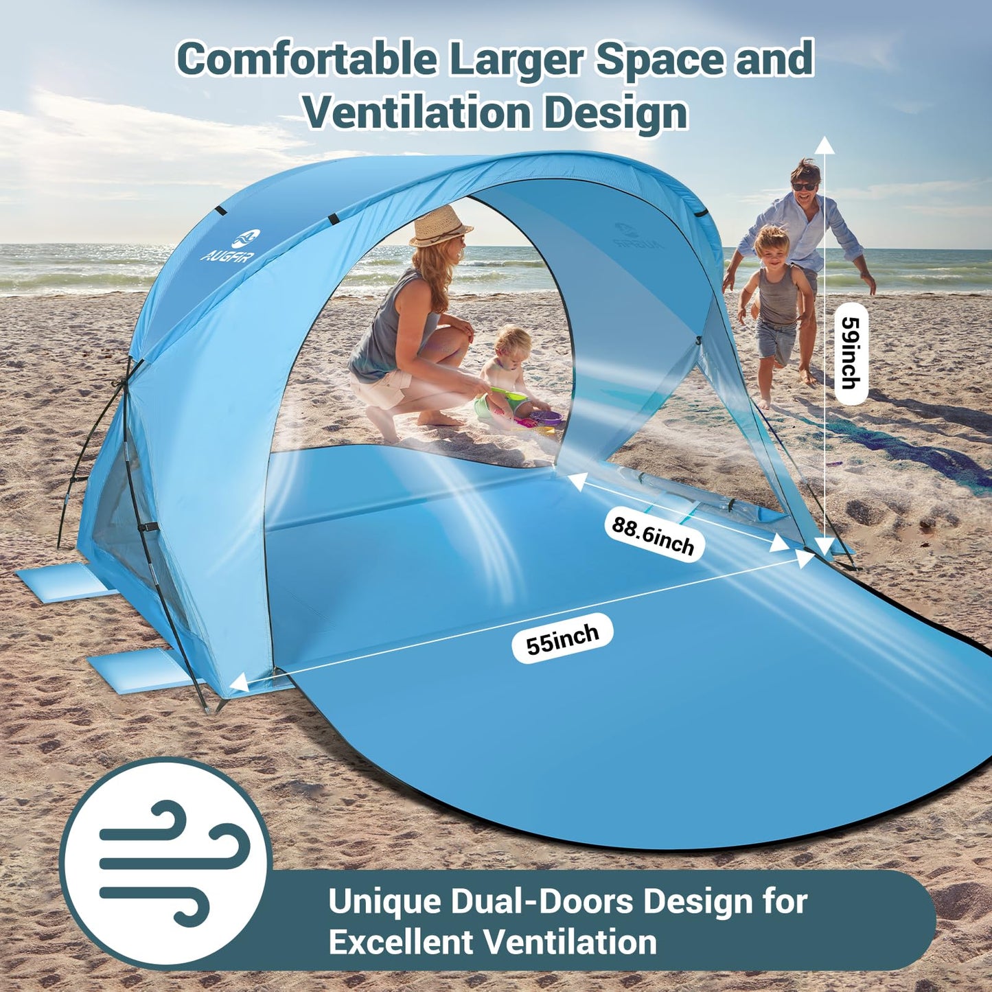 AugFir Beach Tent Sun Shelter, Beach Tent with Beach Mat Set, 4 Person Portable Beach Shade Canopy with UPF 50＋ UV Protection, Dual-Door Ventilation Design, Easy Setup Family Beach Umbrella (Blue)