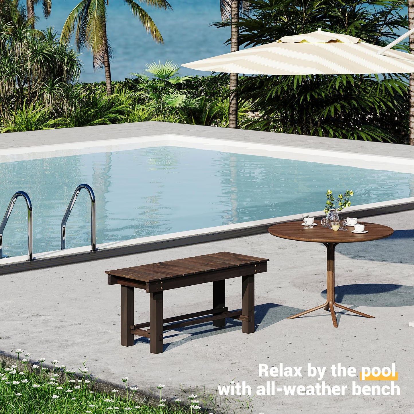 Wood Outdoor Garden Bench, 2-Person Seat 35" Backless Bench, 100% Solid Fir Carbonized Weatherproof Patio Bench,Indoor Bathroom Seat Entryway Shoe Bench for Garden Porch Backyard Pool Balcony (Small)