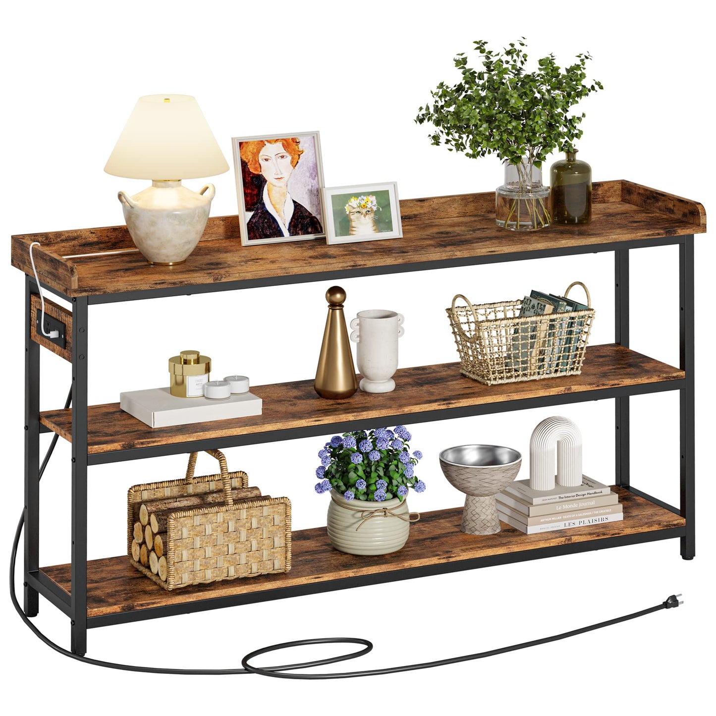 IRONCK Console Table, Sofa Table with Power Outlet, Farmhouse Hallway Table for Entryway, Living Room, Height Adjustable, Easy Assembly, Rustic Brown,55"