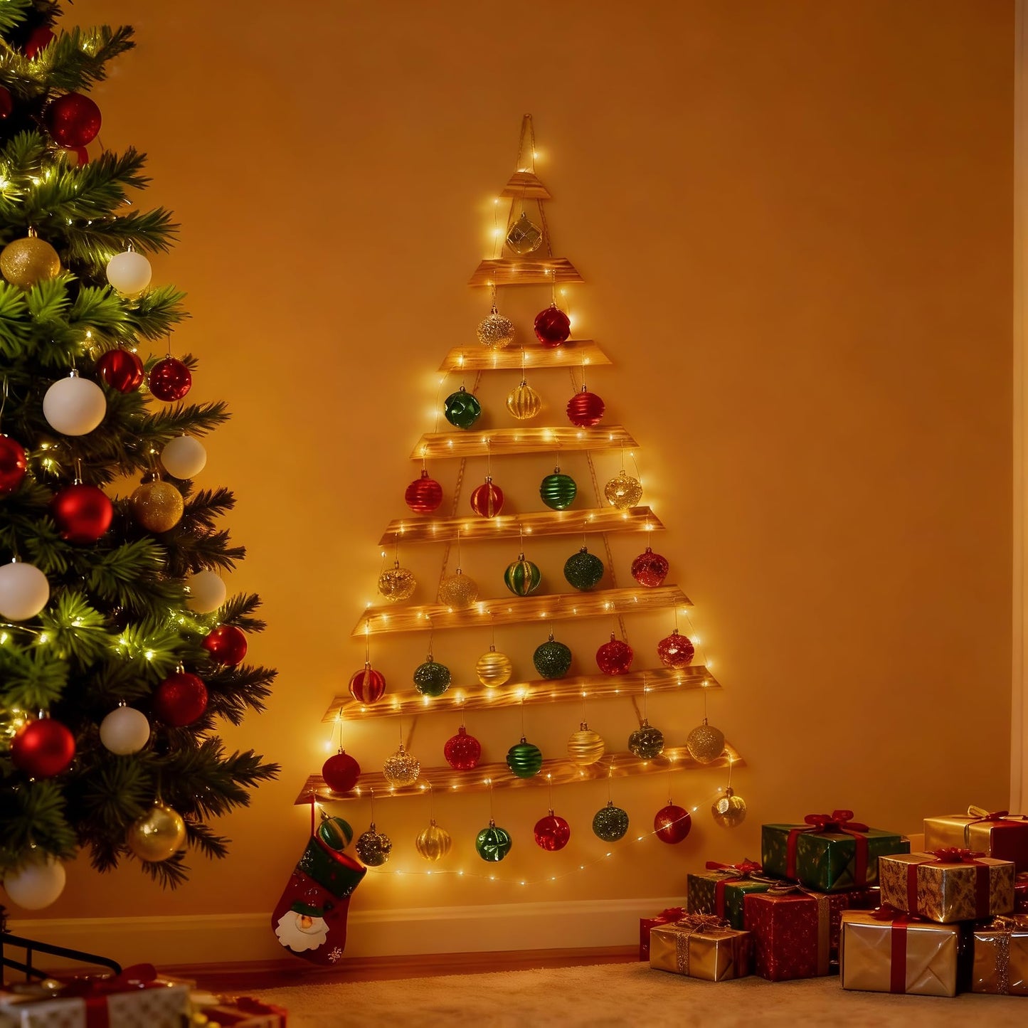 SOONOW 44" Wall Hanging Christmas Tree with Remote LED Lights and 36 Ornaments, Lighted Wood Christmas Tree for Living Room, Bedroom Holiday Wall Decor