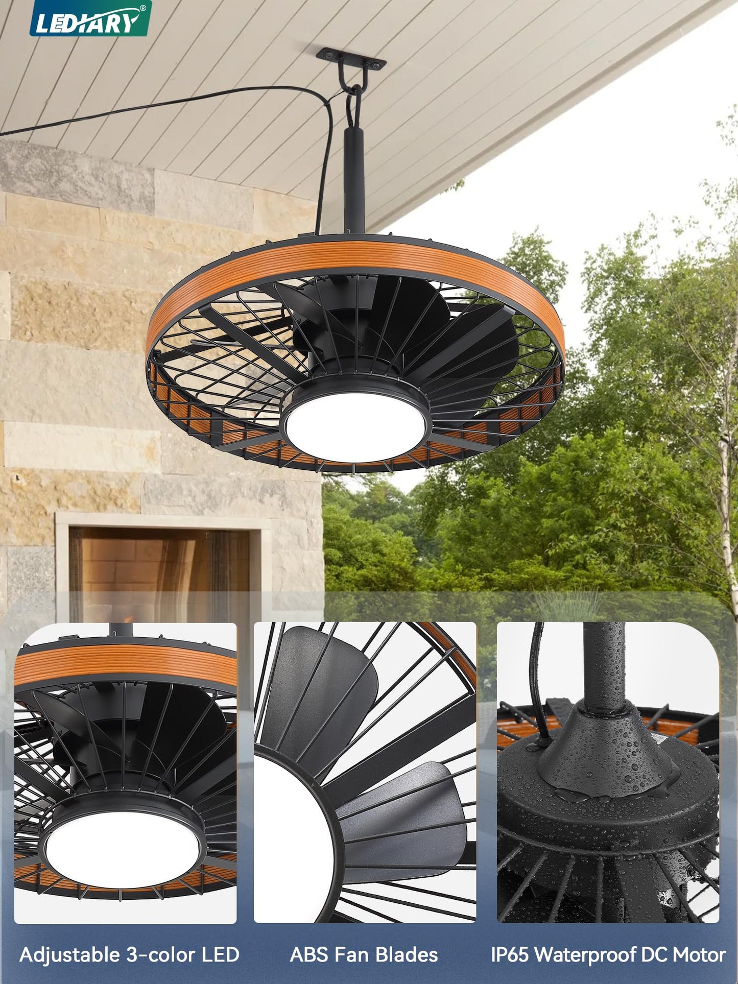 LEDIARY Outdoor Ceiling Fans with Lights, IP65 Waterproof Gazebo Fan with Hanging Hook,6 Speeds, 3CCT, 20 Inch Wet Rated Plug in Ceiling Fan for Patios,Porch, Pergola,Canopy, Brown