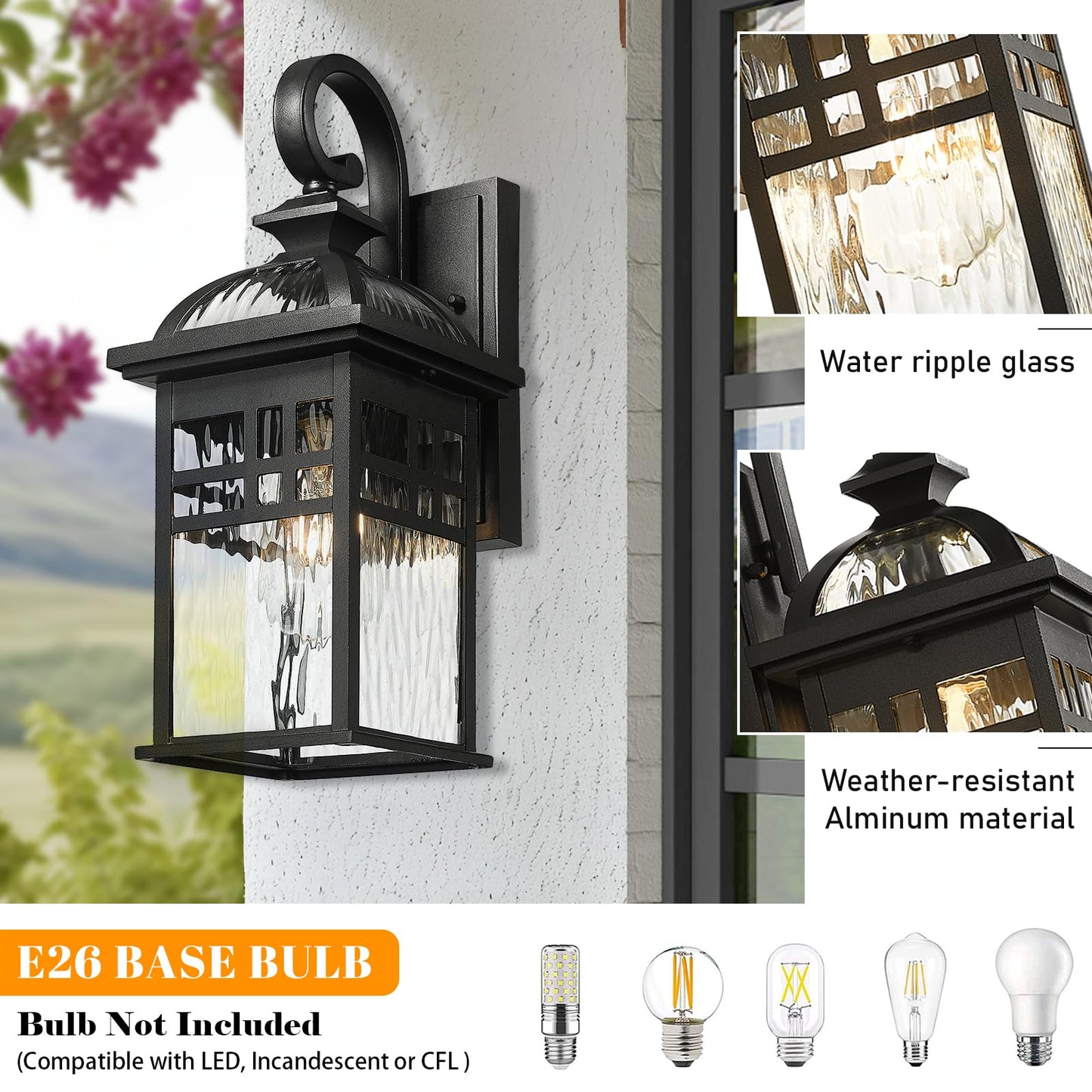 NAXTTII Outdoor Wall Lights Waterproof Exterior Lighting Fixture 15 Inch Height Black Porch Light Outdoor with Water Ripple Glass E26 Socket