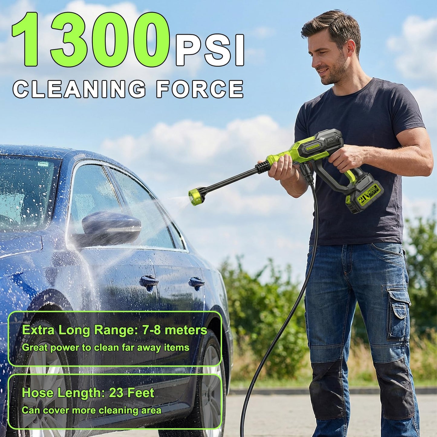 Cordless Portable Washer, Handheld Washer with 3 Adjustable Modes, 23FT High-Elastic Hose & 6-in-1 Nozzle, Suitable for Car, Garden, Patio and Home Cleaning