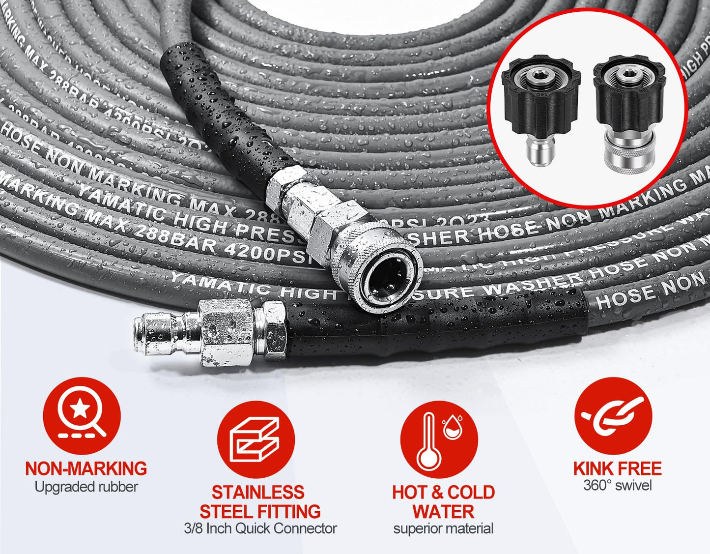 YAMATIC 1/4" ID Pressure Washer Hose 100FT with Stainless Steel Swivel 3/8" Quick Connect, 3/8" x M22-14mm Adapters, Non-Marking 4200PSI Steel Wire Braided Replacement for Hot/Cold Water Power Washers