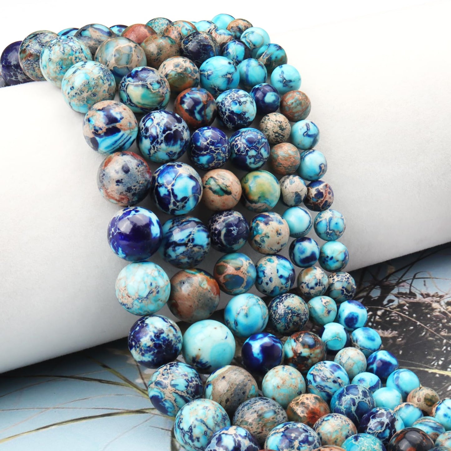Siomia 45pcs 8mm Natural Mixed Blue Imperial Jasper Gemstone Beads Energy Healing Crystal Round Loose Stone Beads for Jewelry Making, DIY Bracelets Necklaces