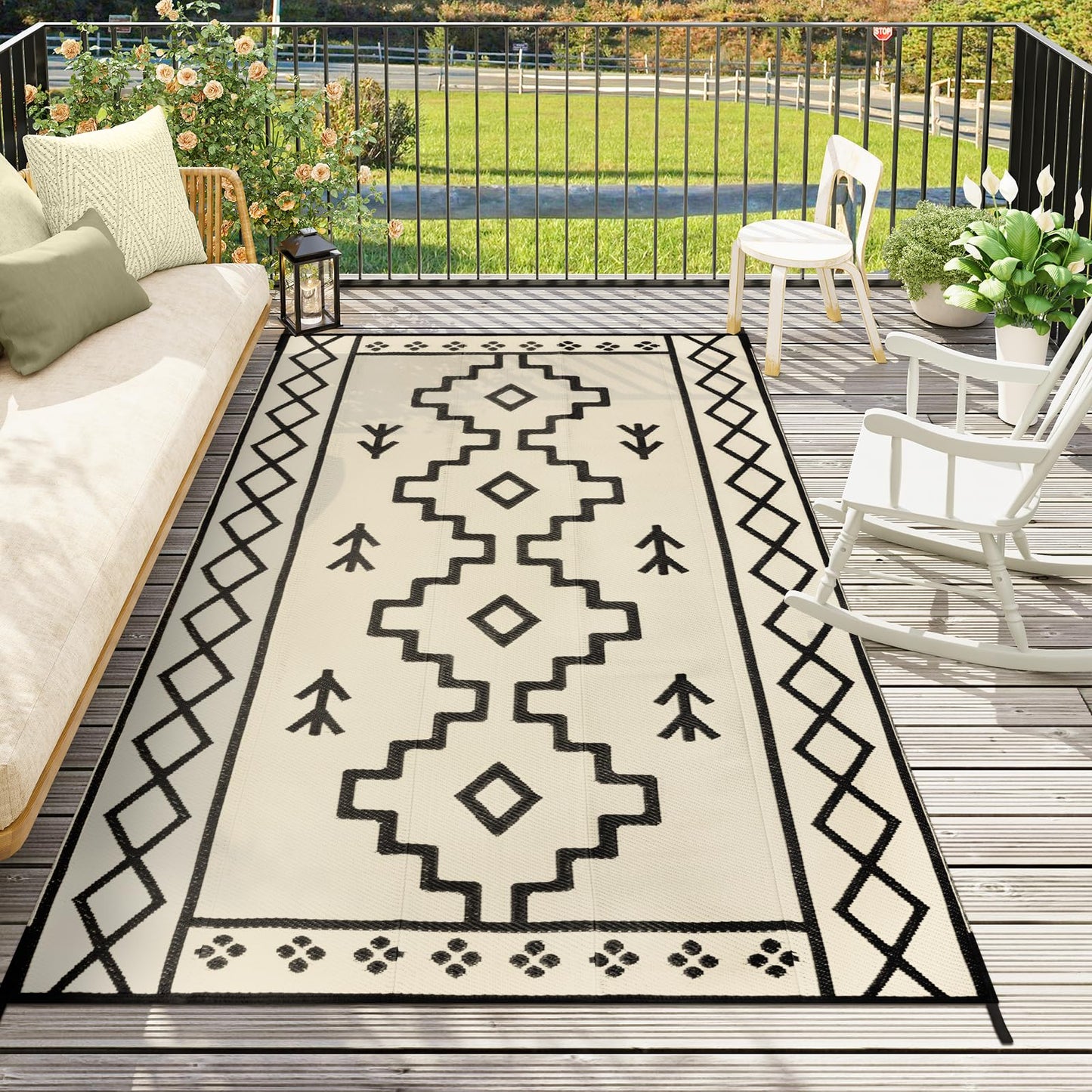 Uphome Outdoor Plastic Straw Rug, 6x9 ft, Reversible Waterproof, Tan Boho Patio & RV Camping Rug for Outside & Indoor Outdoor Use, 6'x9'