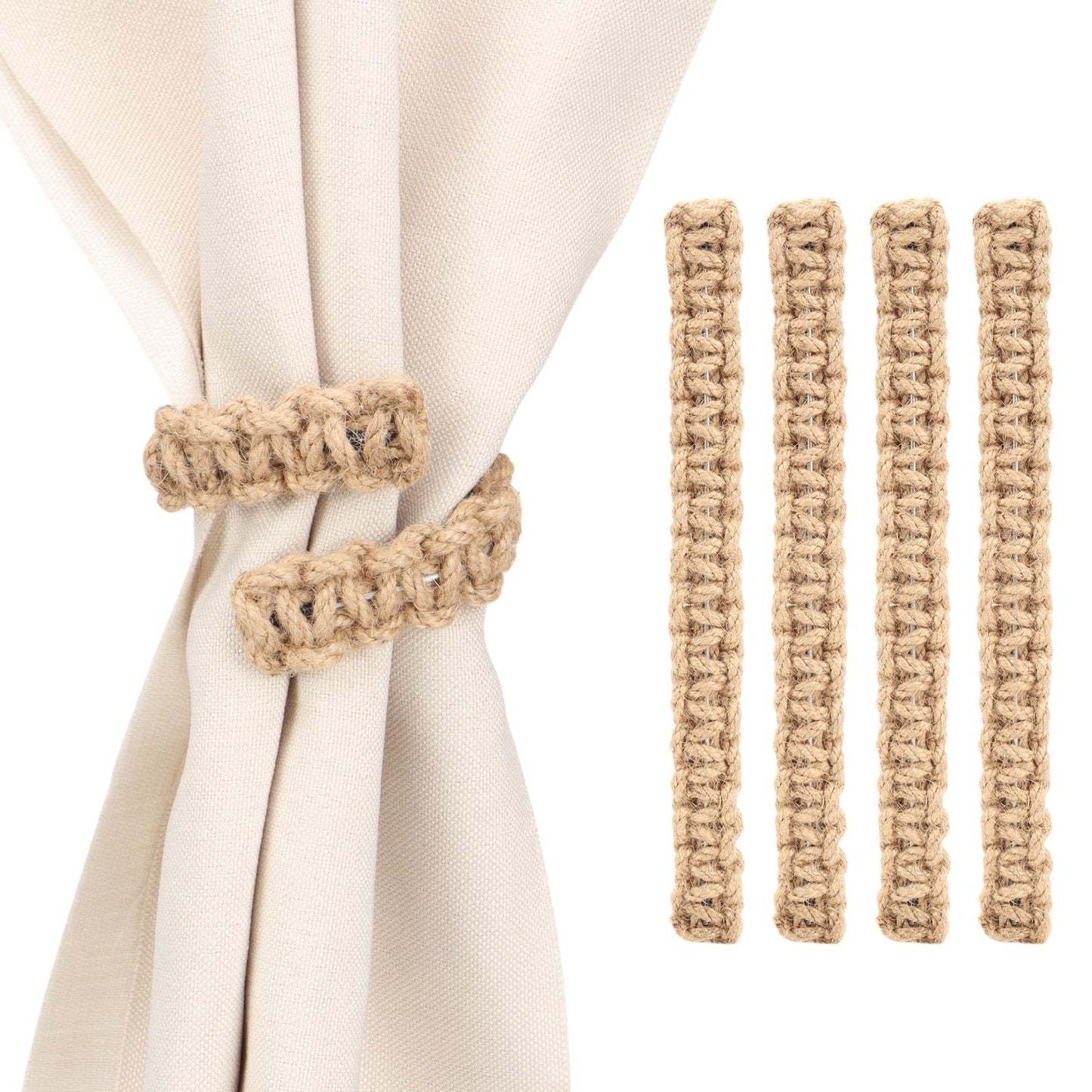 4 Pcs Braided Curtain Tiebacks Boho Flexible Rope Drapes Holder Braided Jute Curtain Tiebacks for Home Office Bedroom Window