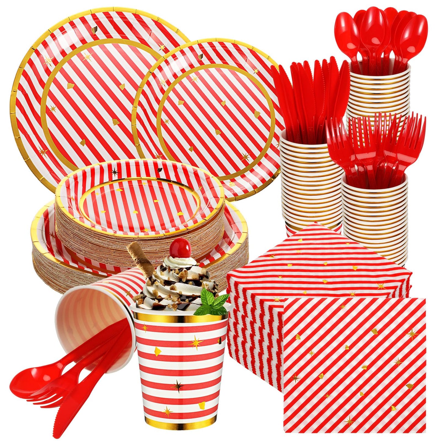 Maxcheck 350 Pcs Christmas Candy Cane Striped Party Plates Cups Napkins and Silverware Set for 50 Guests Disposable Paper Tableware Set Christmas Party Supplies and Table Decorations