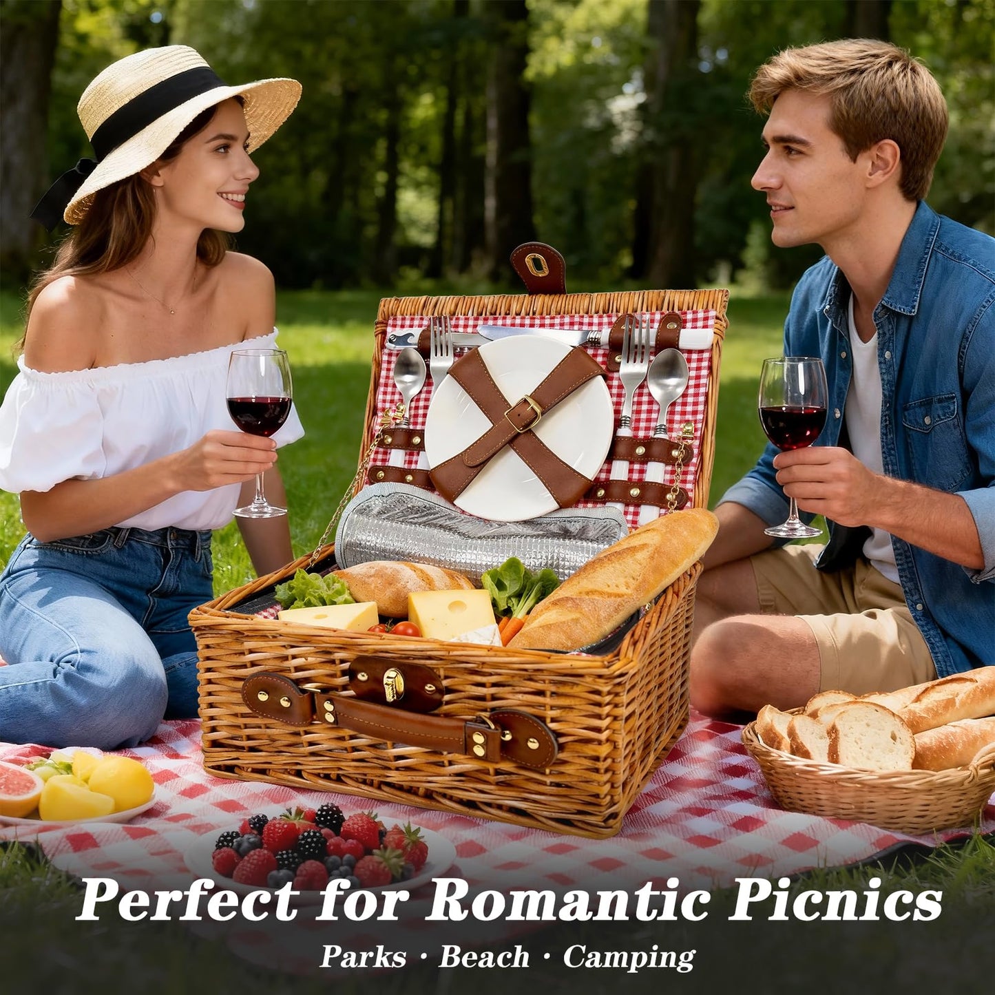 Picnic Basket for 2 - Picnic Basket with Cutlery Kit and Glasses, Insulated Picnic Set with Waterproof Liner, Portable Wicker Picnic Baskets with Lid and Handle for Outdoor, Picnic, Camping, Holidays