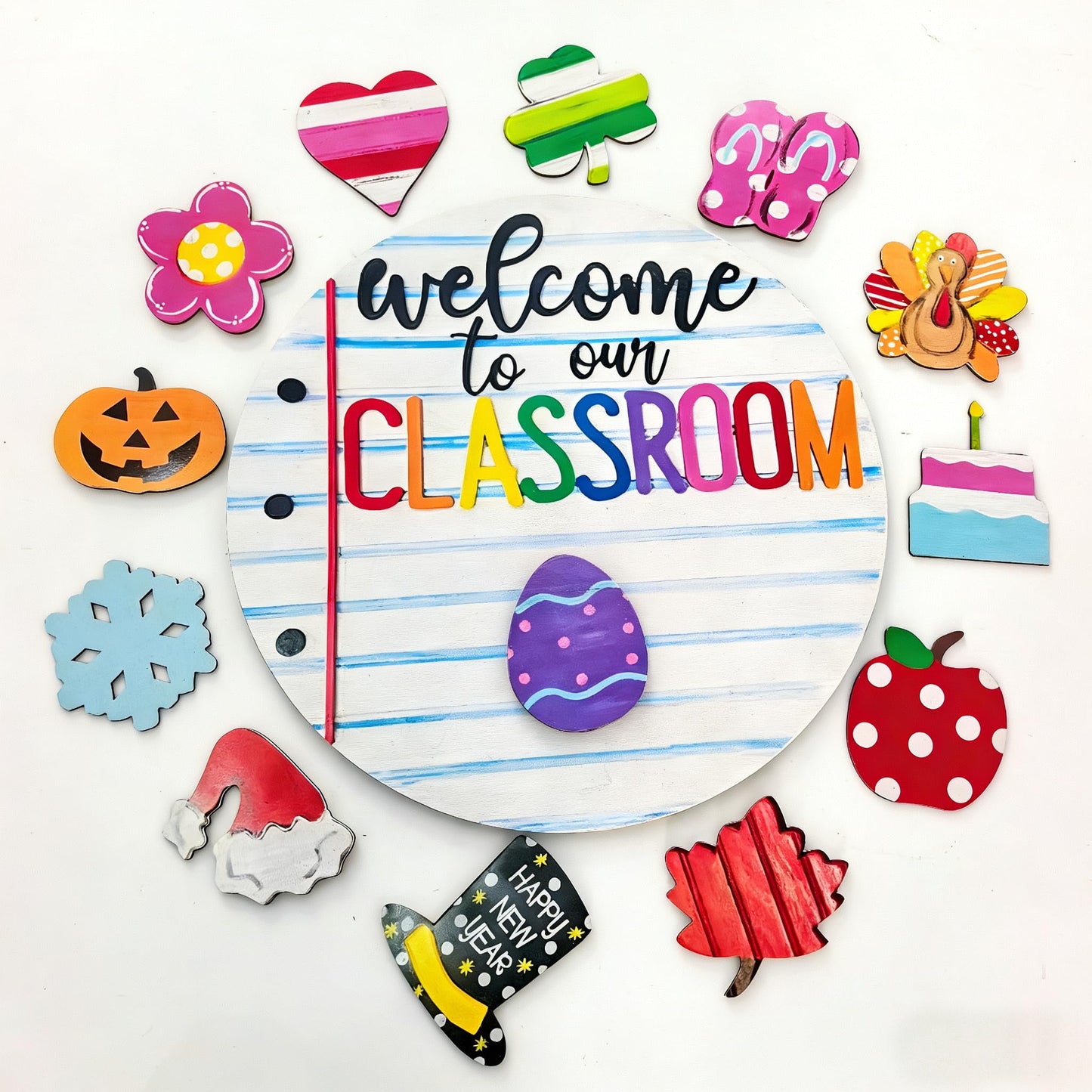 Welcome to Classroom Front Door Decoration Sign, Seasonal Door Sign,- Interchangeable Wooden Plaque for Classroom/Home, DIY Wall Decor for Christmas Holidays & Back-to-School,13 Patterns