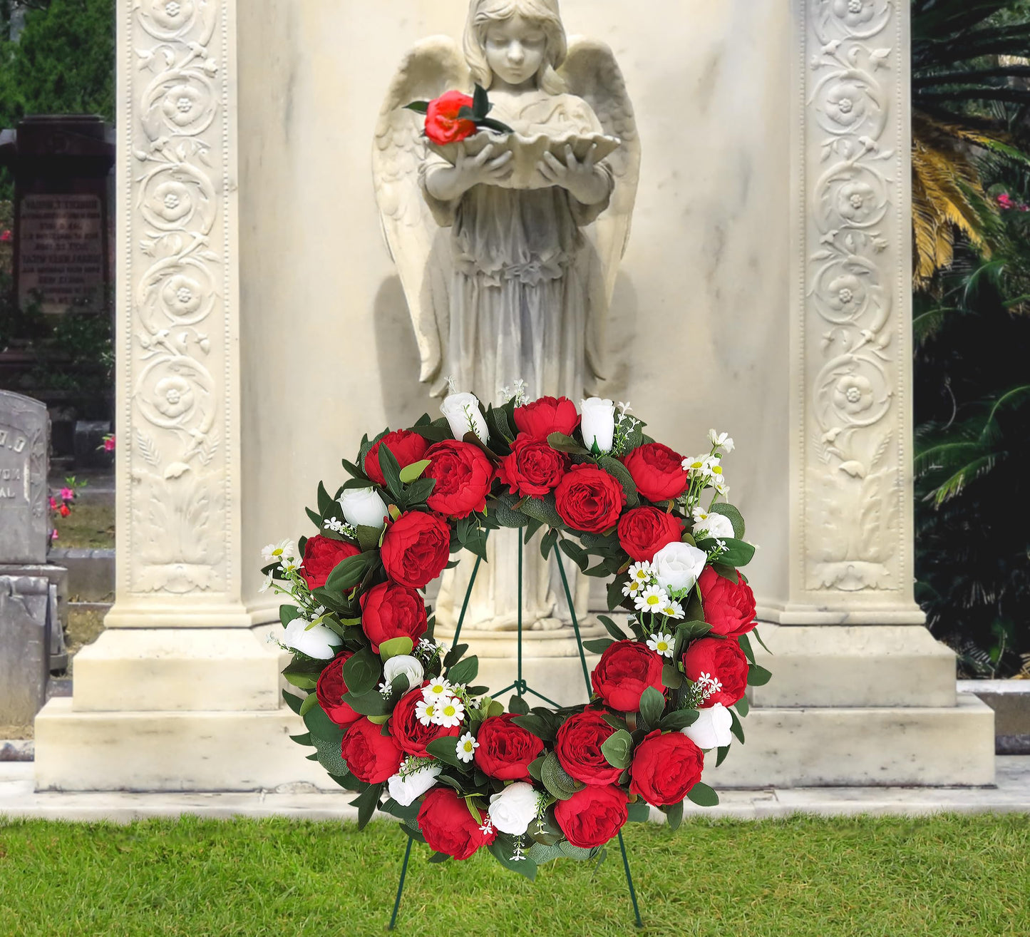 AILVEMEE Cemetery Wreaths for Graves,Christmas Wreath for Cemetery,Memorial Day Grave Wreath,Headstone Wreaths on Metal Stand,Spring Artificial Flower Wreath:Red Peony,White Rose