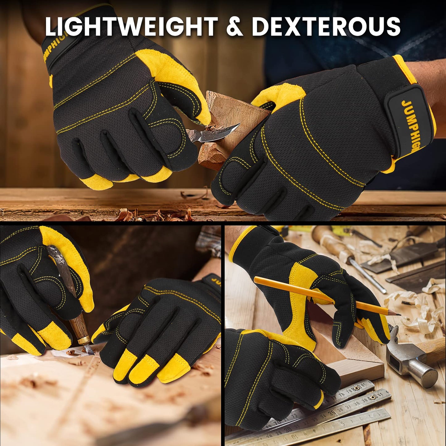 JUMPHIGH Mens Work Gloves, Synthetic Leather Mechanic Gloves, Utility, Touchscreen, Multipurpose, Construction, Warehouse, Truck Driving (L)