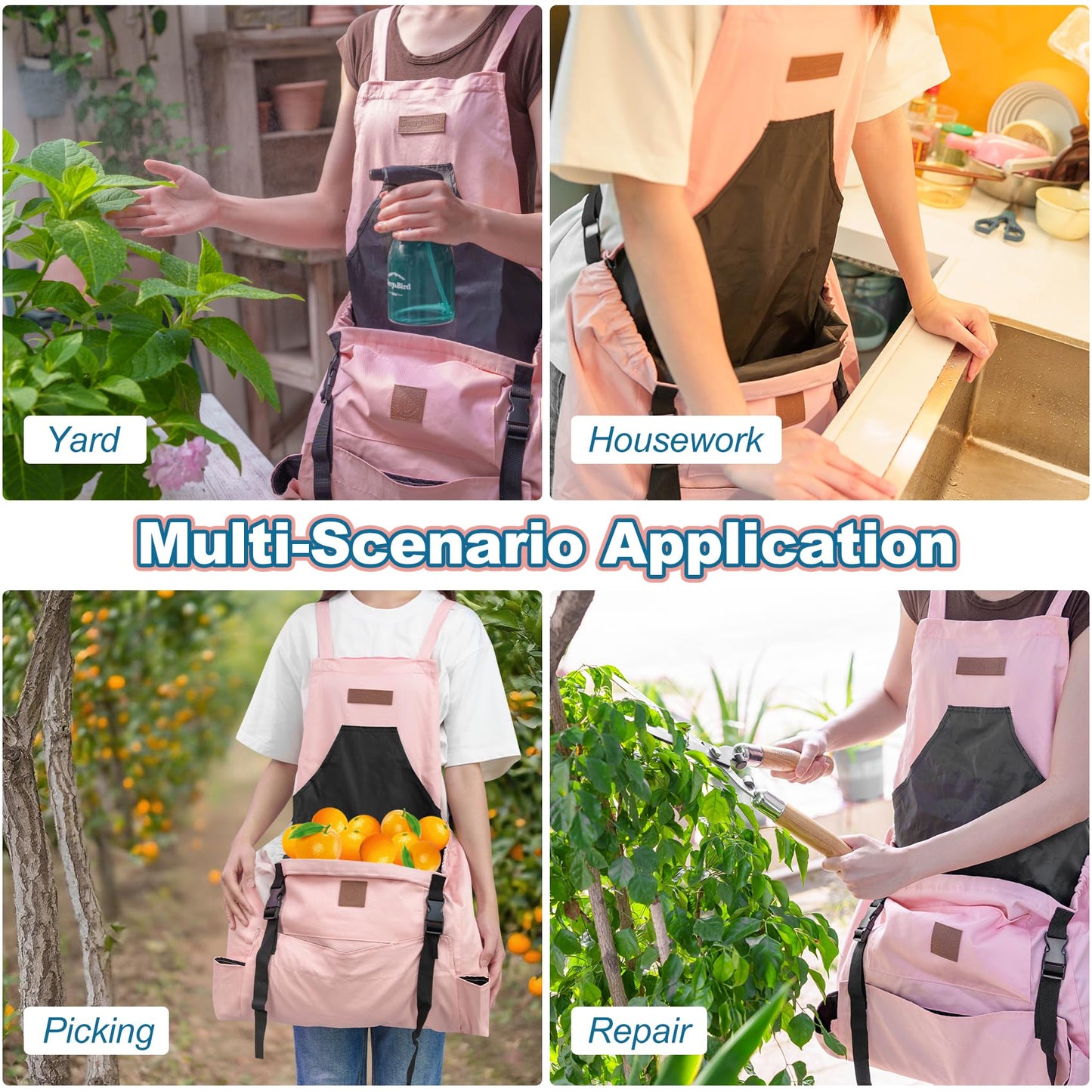 Berry&Bird Harvest Apron, Canvas Gardening Apron with Pockets and Harvesting Pouch Waterproof Harvesting Apron (Pink)