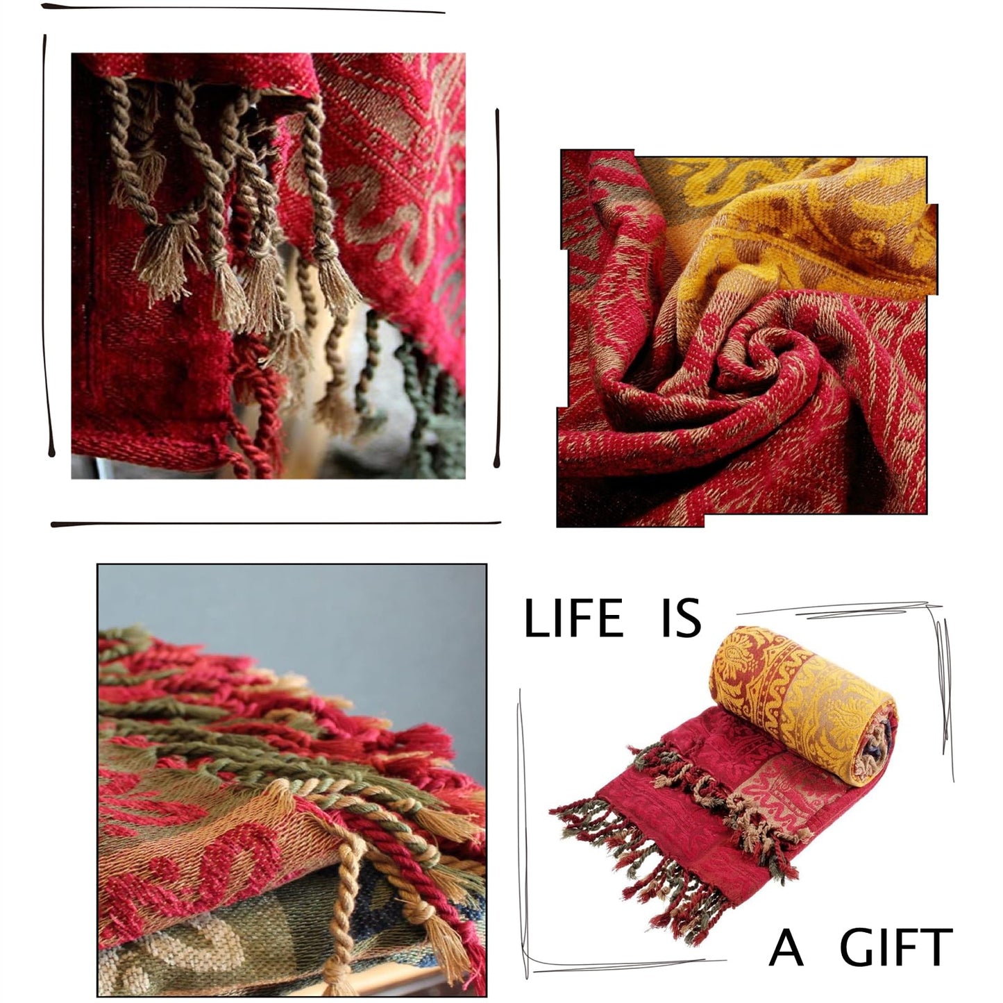 Boho Throw Blanket, Chenille Jacquard Tassels Throw Blankets for Bed Couch Soft Chair， Bohemian Fringe Tassels (Red, S:60x75