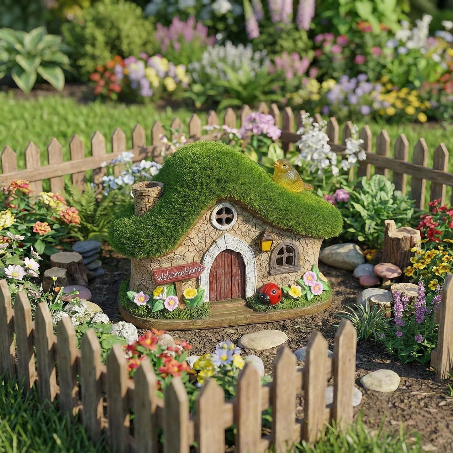EKQ Resin Fairy House Statues with Solar Lights Outdoor for Garden Decor Funny Birds Ladybird Flocked Fairy House with Garden Figurine Patio Yard Lawn Decorations Gift for Mom Women (Green)