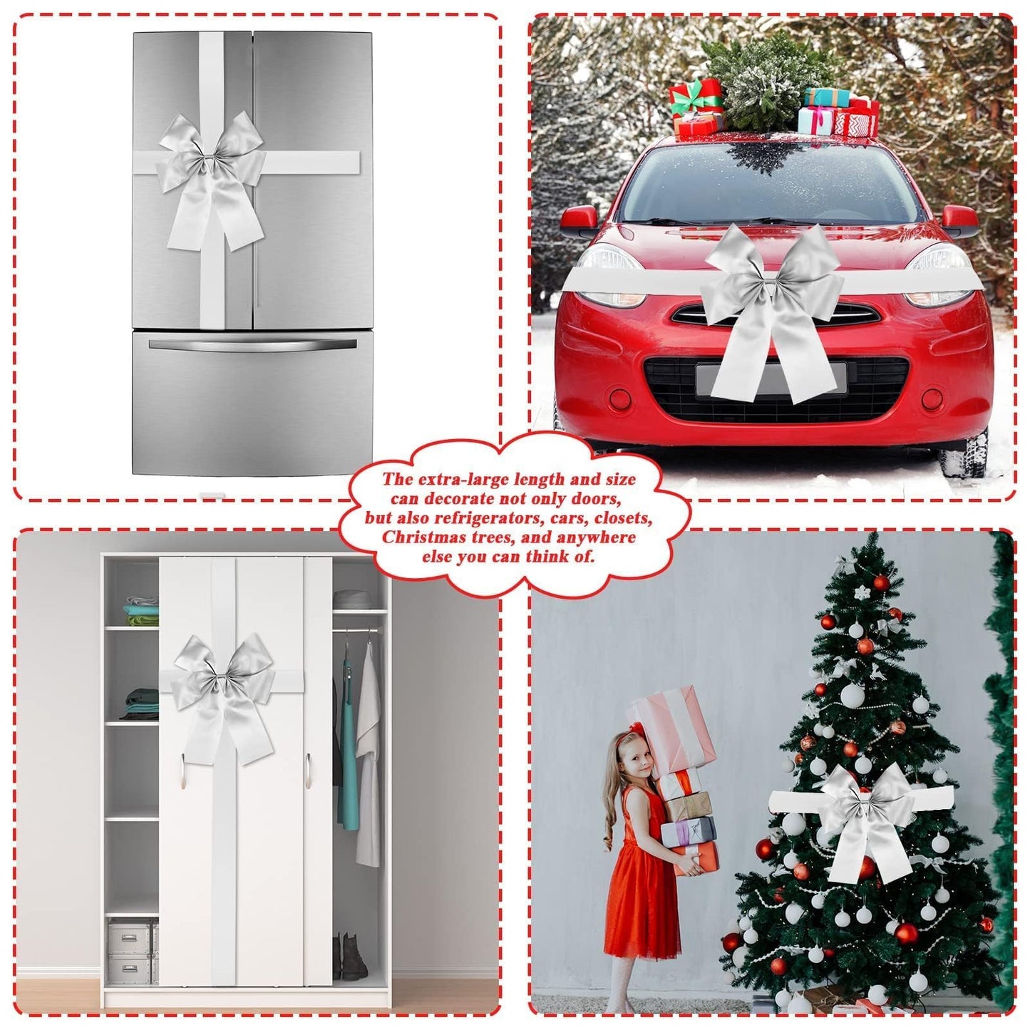 gisgfim Christmas Cabinet Big Bows Large Door Lace Christmas Tree Bow Ribbon Silver Bow Holiday Decorations Christmas Front Door Party Supplies