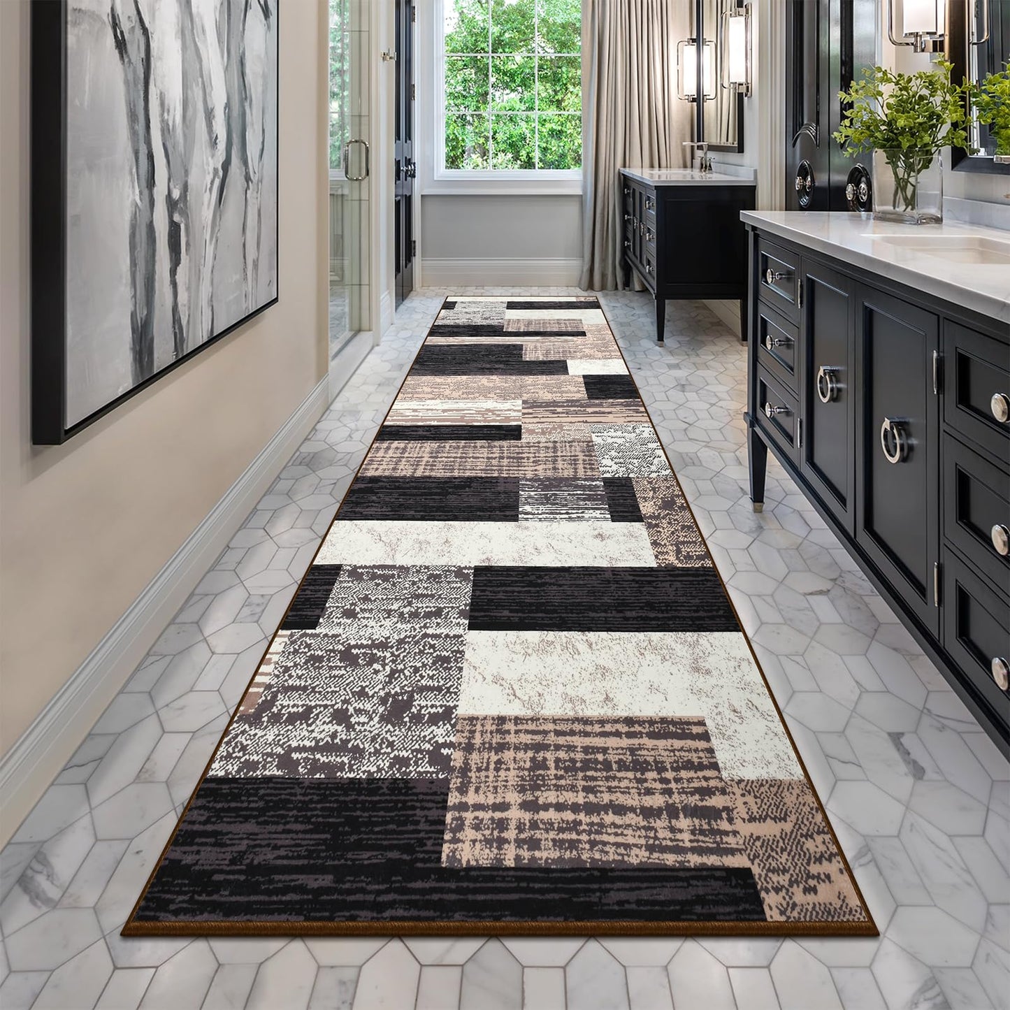 Indoor Runner Rug, Washable Runner Rug with Rubber Backing, Modern Geometric Patchwork Aesthetic Carpet for Bedroom, Living Room, Hallway, Entryway, Washable Rugs Rockwood Collection,2.7x8Ft Chocolate