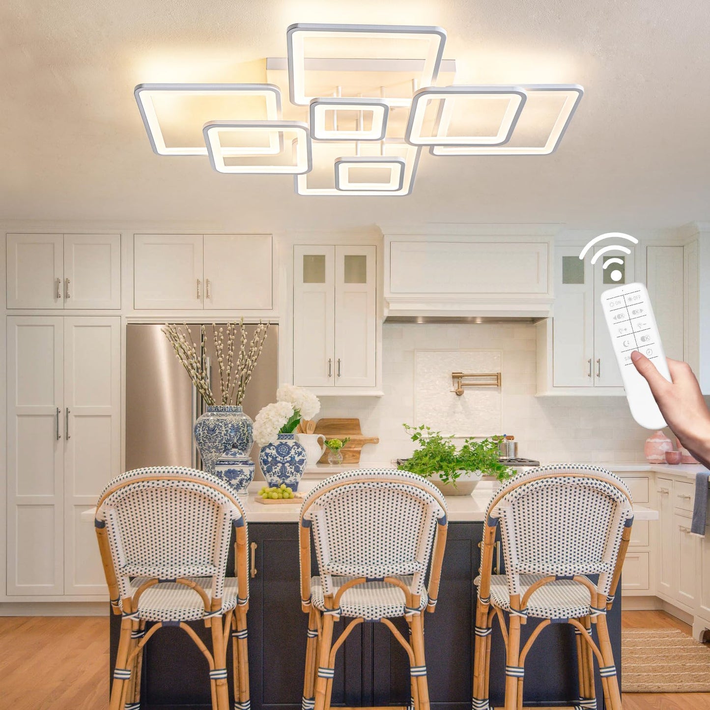 Shine LUEST Modern Ceiling Light, 39.4'' Dimmable LED White Flush Mount Ceiling Lights with Remote Acrylic Round Ceiling Lamp Fixture for Low Ceiling Bedroom Living Room Dining Room, 100W