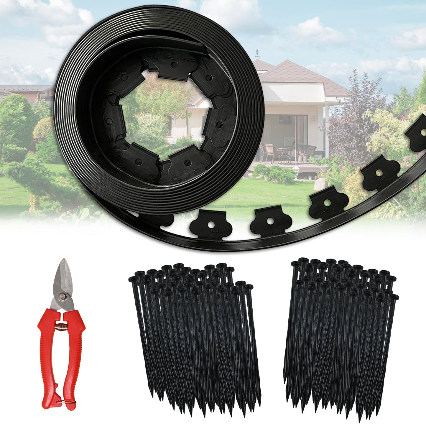 80 ft Fence Edging for Landscaping Include Garden Pruning Scissors,80 Spikes,80 ft Lawn Edging Edging for Landscaping Edging and Garden Edging and Garden Border and Flower Bed Edging (Black-80ft)