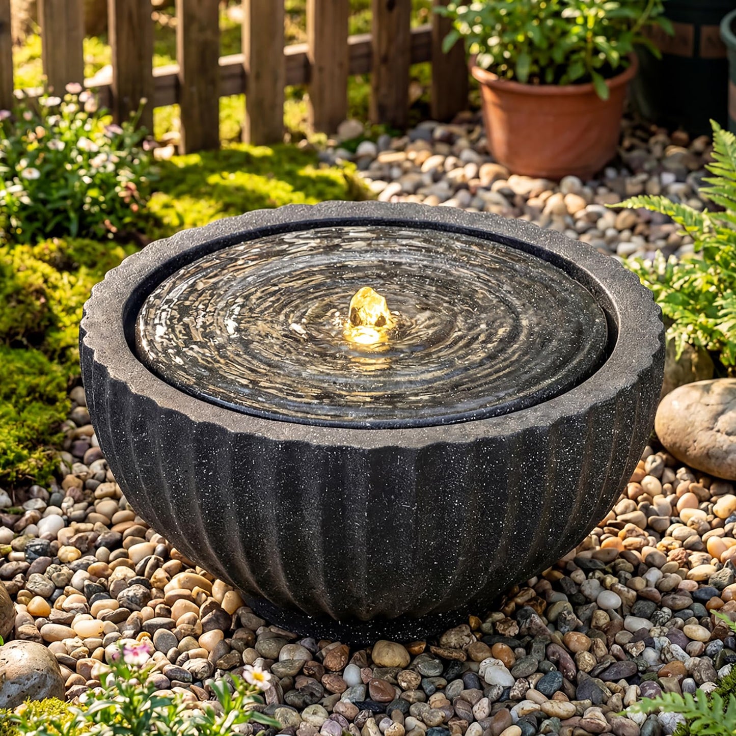 Giantex 18" Round Outdoor Water Fountain with 6 LED Lights, Stone Gray Resin Sphere Waterfall Feature with Adjustable Pump, Lighted Bubbling Fountain for Garden Patio Porch Decor (18" Dia. x 9.5" H)