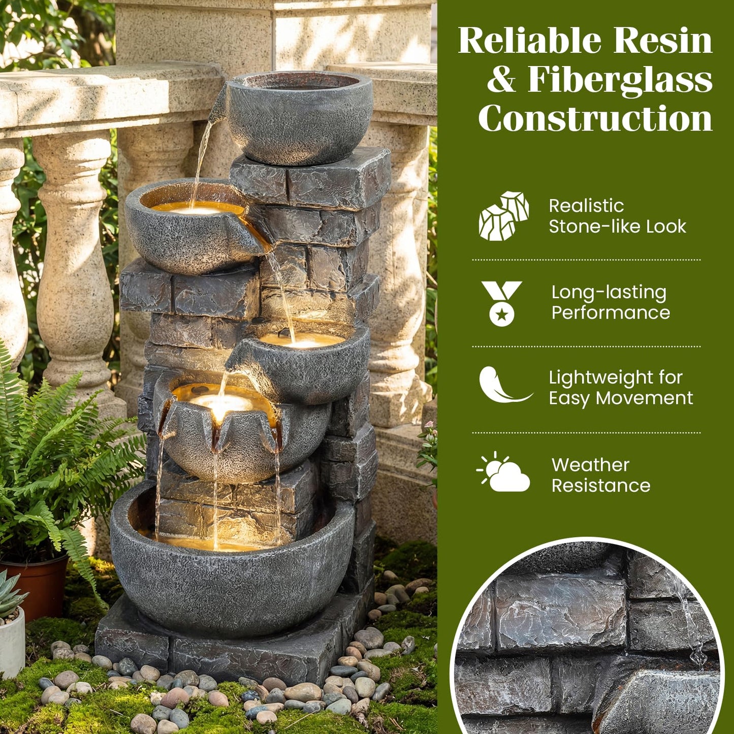Giantex 33'' Water Fountain Outdoor, 5-Tier Cascading Stacked Stone Bowl Waterfall Fountain with LED Lights & Pump, Outside Water Feature for Patio, Balcony, Deck, Garden, Yard Decor