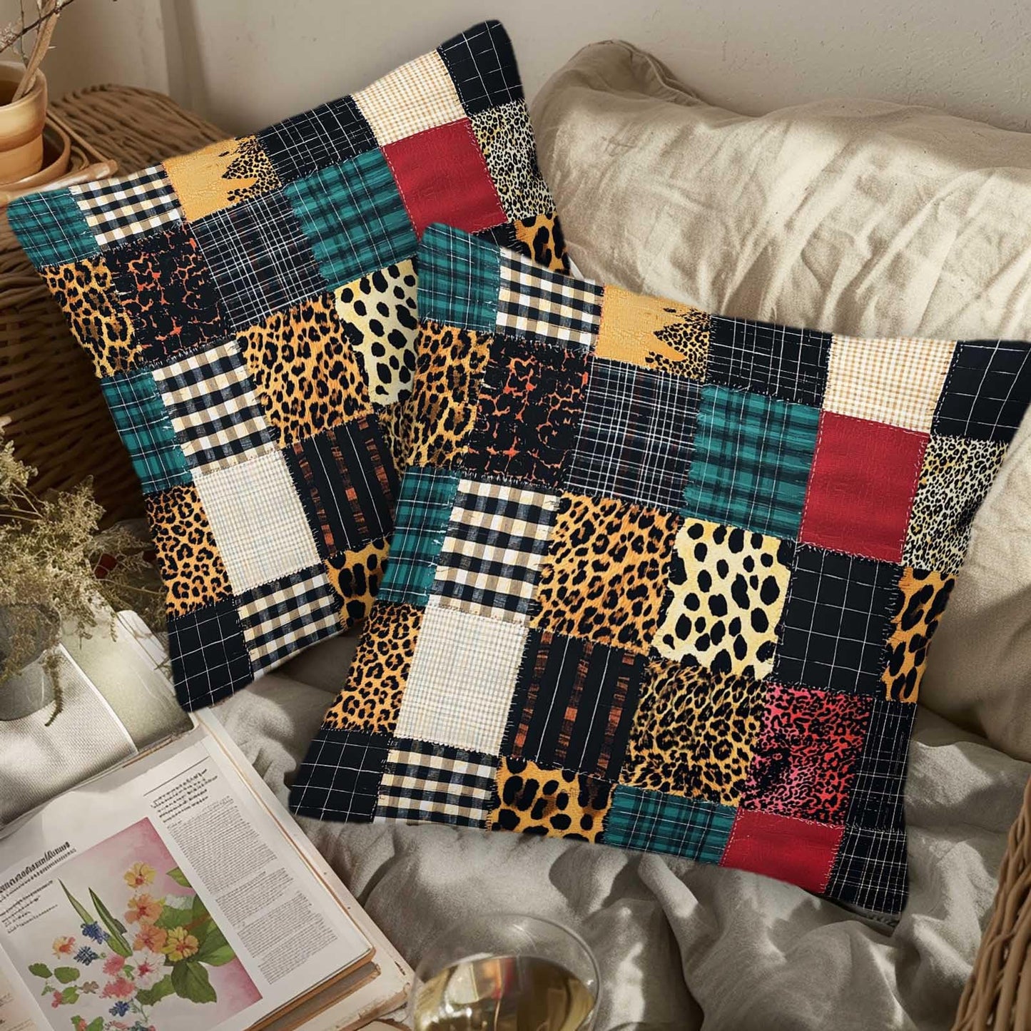 ZibZorp Patchwork Plaid Leopard Pillow Covers 18x18 Set of 2 | Rustic Decorative Cushion Cases | Mixed Pattern Pillowcases | Eclectic Throw Covers for Sofa Living Room Bedroom Decor