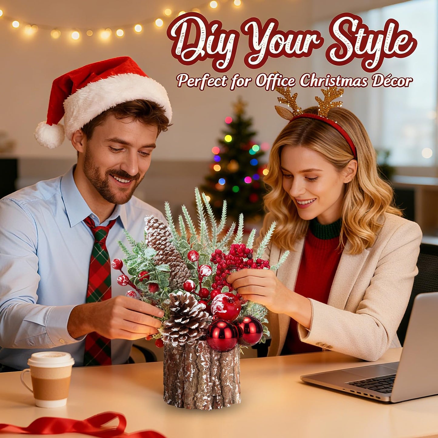 Christmas Decorations Indoor, Christmas Centerpiece Table Decorations, Small Artificial Tabletop/Desk Christmas Tree with Xmas Ornaments Pinecone Berry for Home Farmhouse Mantle Décor (Red)
