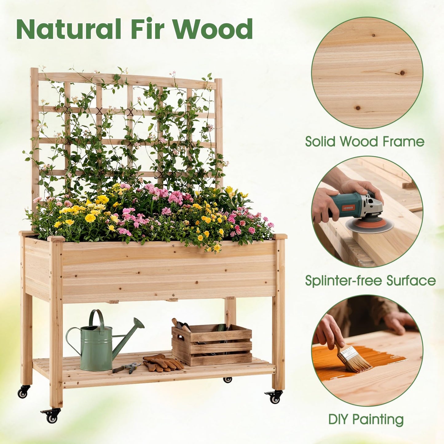 COSTWAY Wooden Raised Garden Bed with Trellis, Mobile Elevated Planter on Wheels, 285 lbs Capacity with Liner & Drainage Holes, Freestanding Outdoor Box for Climbing Plants, Vegetables, & Herbs