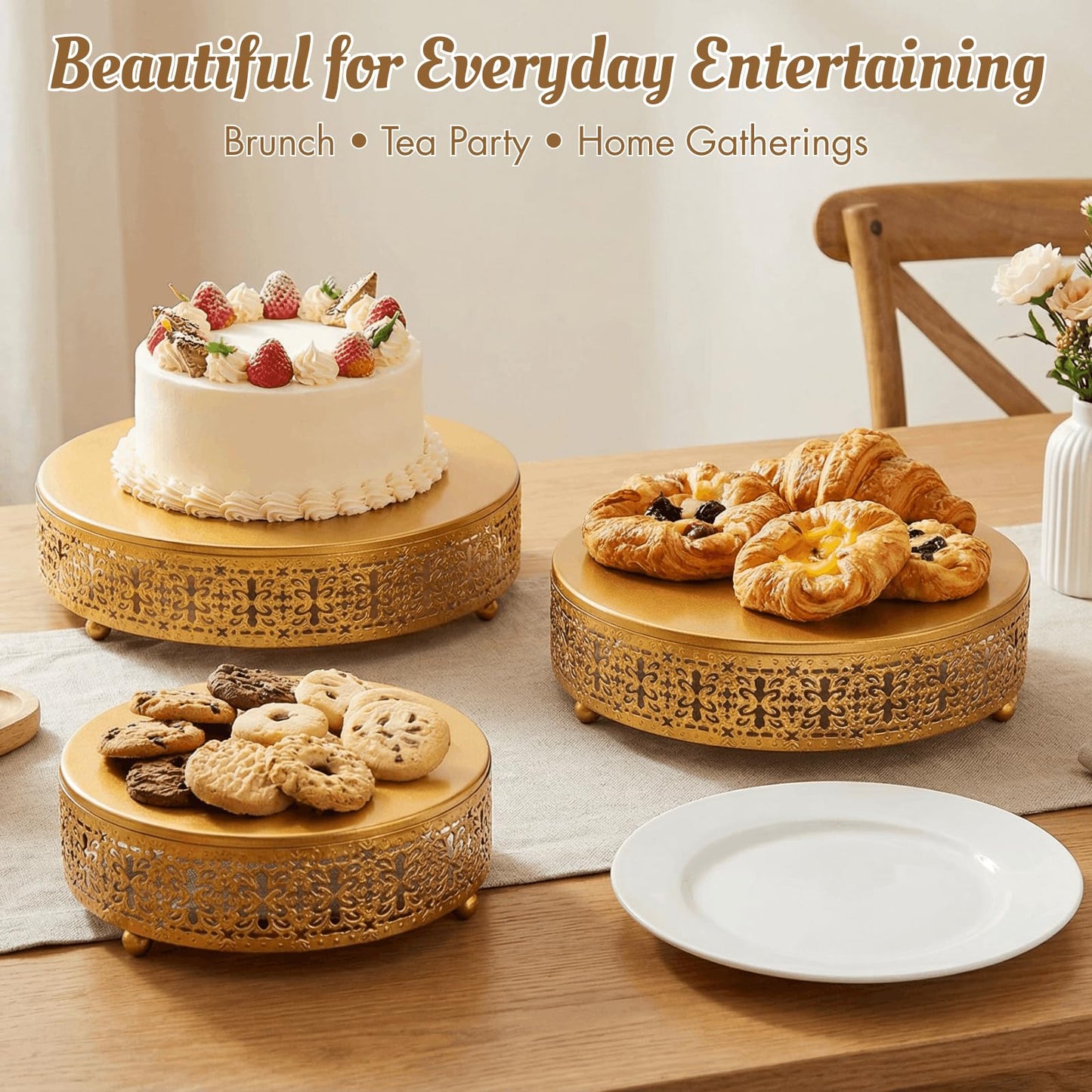 Youeon Gold Round Cake Stand Set of 3, 12/10/8 Inch Metal Hollow Cake Pedestals with Low Feet, Dessert Display Stands for Wedding, Birthday, Party, Anniversary & Holiday Entertaining