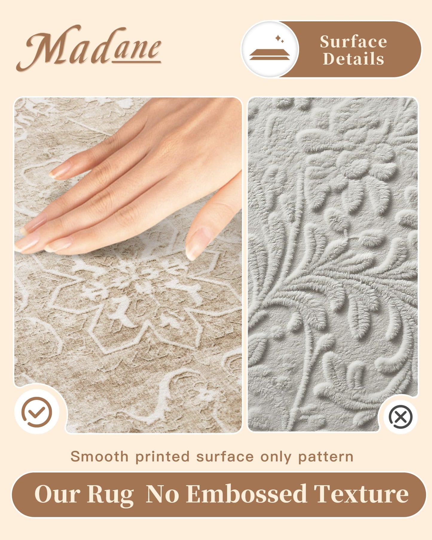 Madane Washable Runner Rug 2x6, Kitchen Hallway Runner Rug with Non-Slip Rubber Backing, Vintage Soft Low Pile Carpet Runner for Entryway Laundry Bathroom Bedroom Living Room (2 x 6, Beige/Brown)