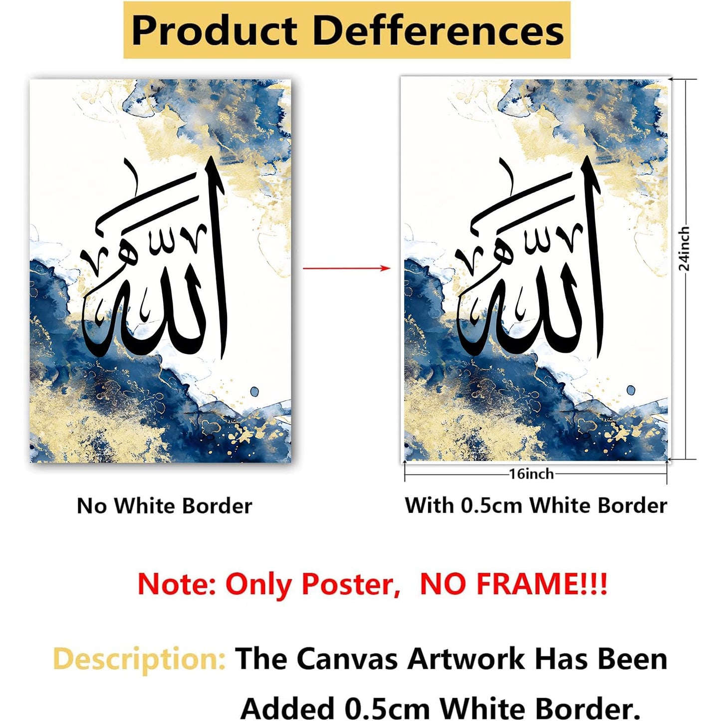 Blue Islamic Canvas Wall Art Muslim Motivational Quotes Gold Abstract Painting Modern Art Poster White Abstract 16x24inx3 No Frame