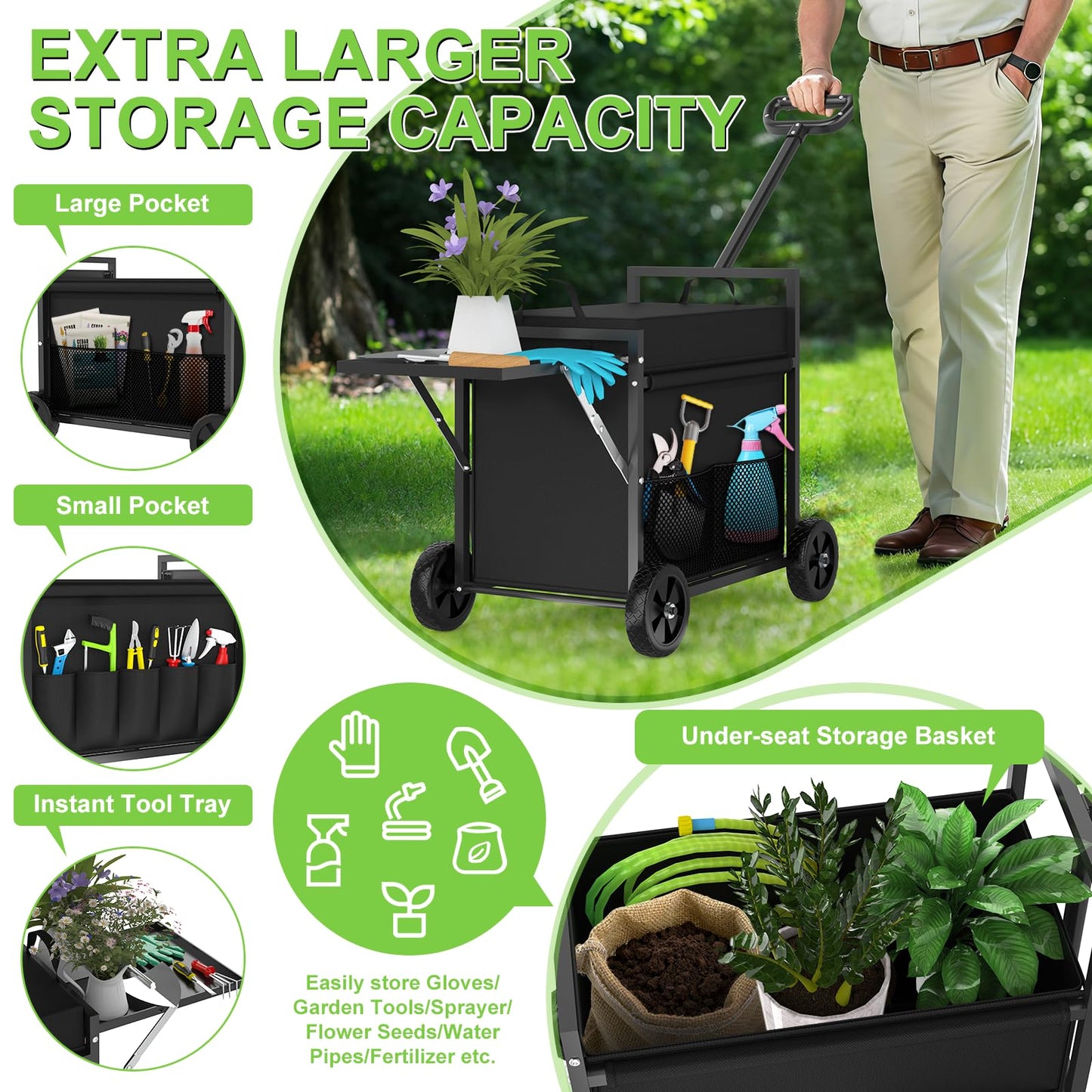 Garden Seat with Wheels, Garden Cart with Seat, 400 lbs Garden Rolling Stools with Wheels for Seniors, Rolling Utility Cart with Large Storage, Foldable Side Trays, for Patio, Lawn, Backyard Gardening