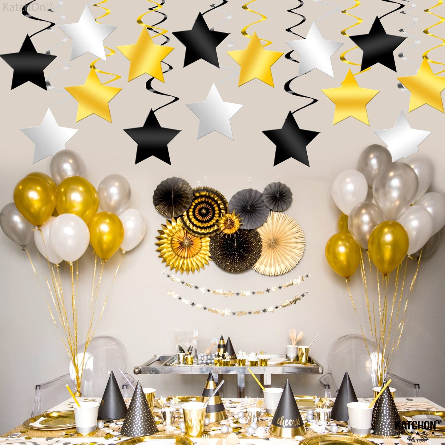 KatchOn, Black Gold and Silver Star Hanging Swirls- Pack of 30, No DIY | Star Ceiling Decorations for Birthday Decorations | Hanging Star Swirls for Graduation Decorations 2026, Bachelorette Party