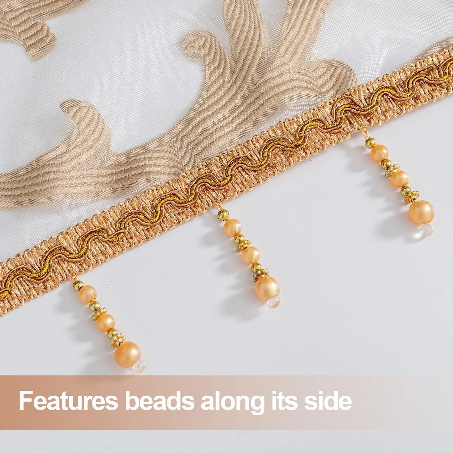NAPEARL Swag Valance for Windows Tan Beige Organza Sheer Waterfall Curtain, Decorative Elegant Beaded Tassel Trim Rod Pocket Sheer Window Treatment for Bathroom, Kitchen, Small Windows