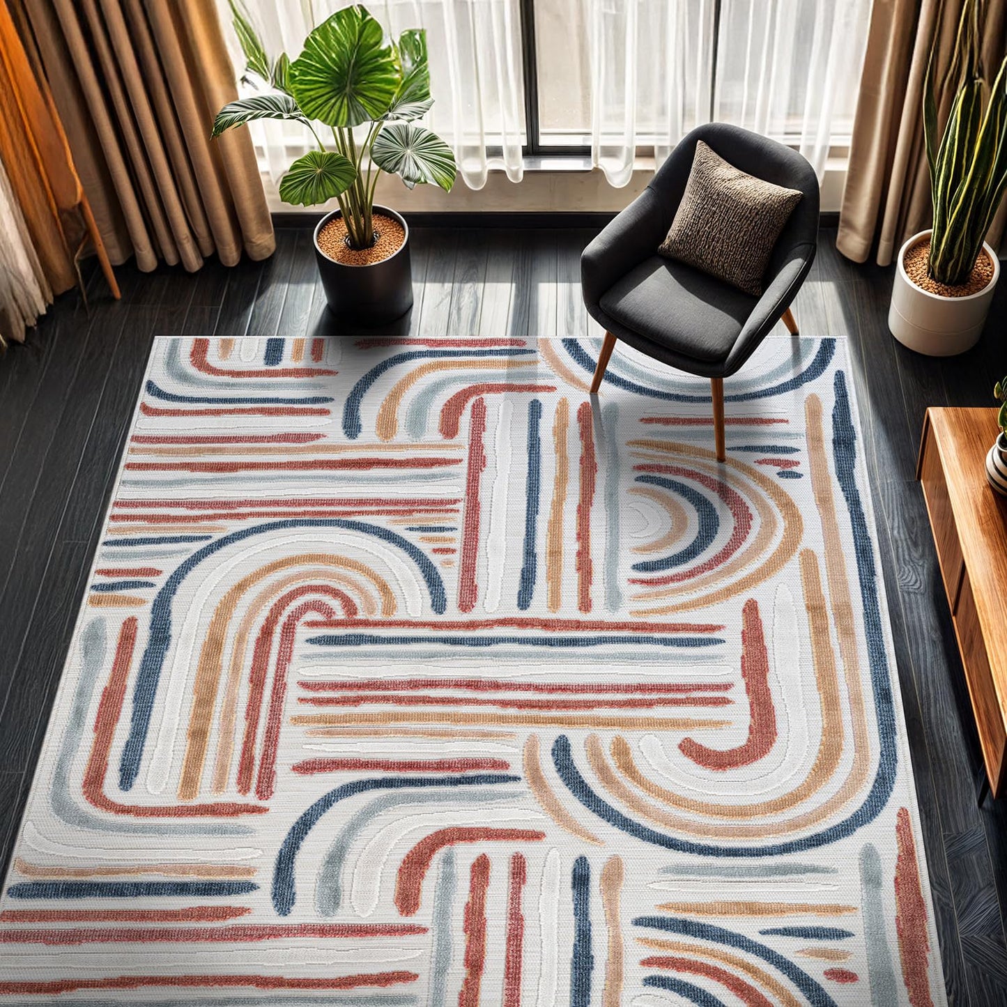 CAMILSON Indoor Outdoor Rug, Multicolor 6x9 Geometric Arch Striped Area Rugs for Patio and Home Areas, Easy-Cleaning Non-Shedding Living Room, Garden and Deck Washable Outside Carpet (6 x 9)