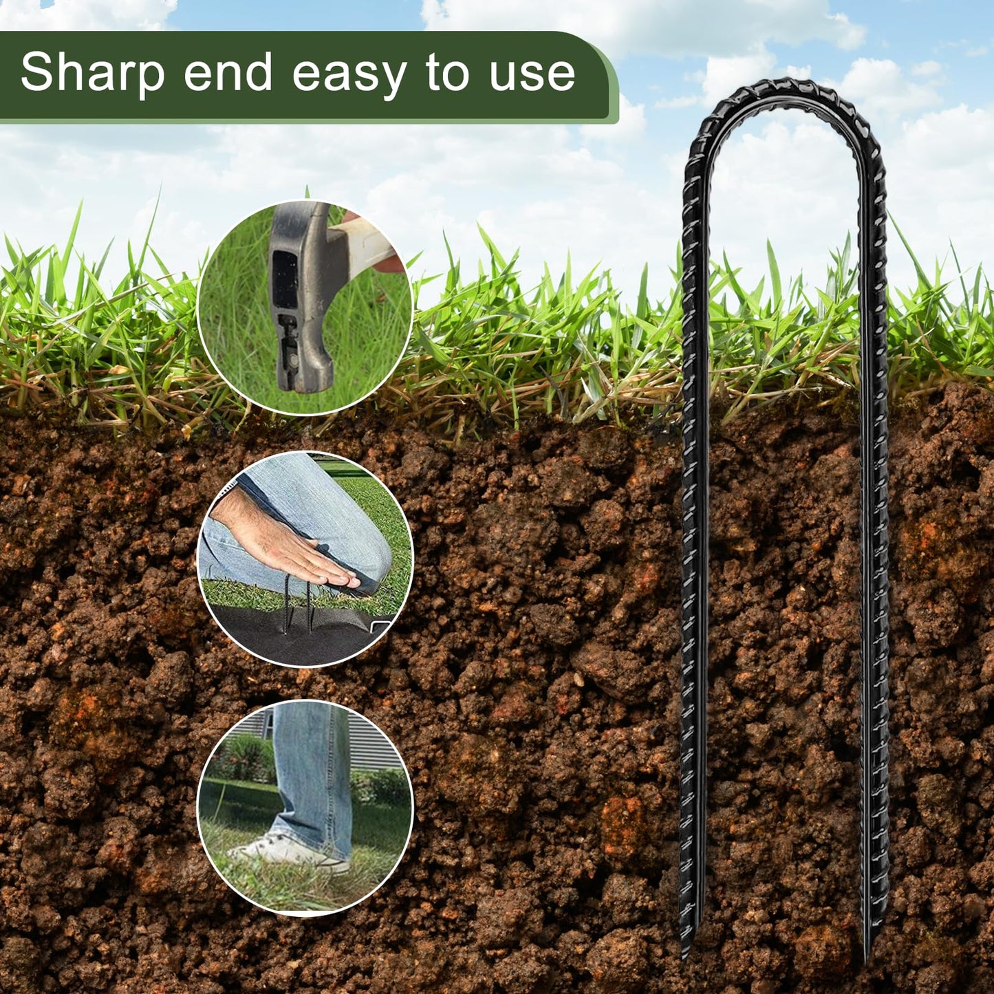 Garden Ground Stakes, Galvanized Steel Rebar Stakes U Shape, Heavy Duty Ground Anchors for Yard, Tent, Fence, Landscape, Decorations, Trampolines (8 Inch)
